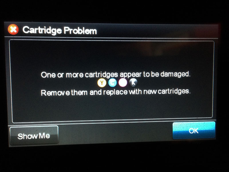 One or more cartridges appear to be damaged. Remove them and replace with new cartridges
