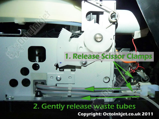 Release scissor clamps and then waste tubes